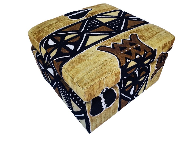 Custom Made Lg Ottoman W/Brown/Mustard/Black/White Mud Cloth 27.5" W by 18" H gallery