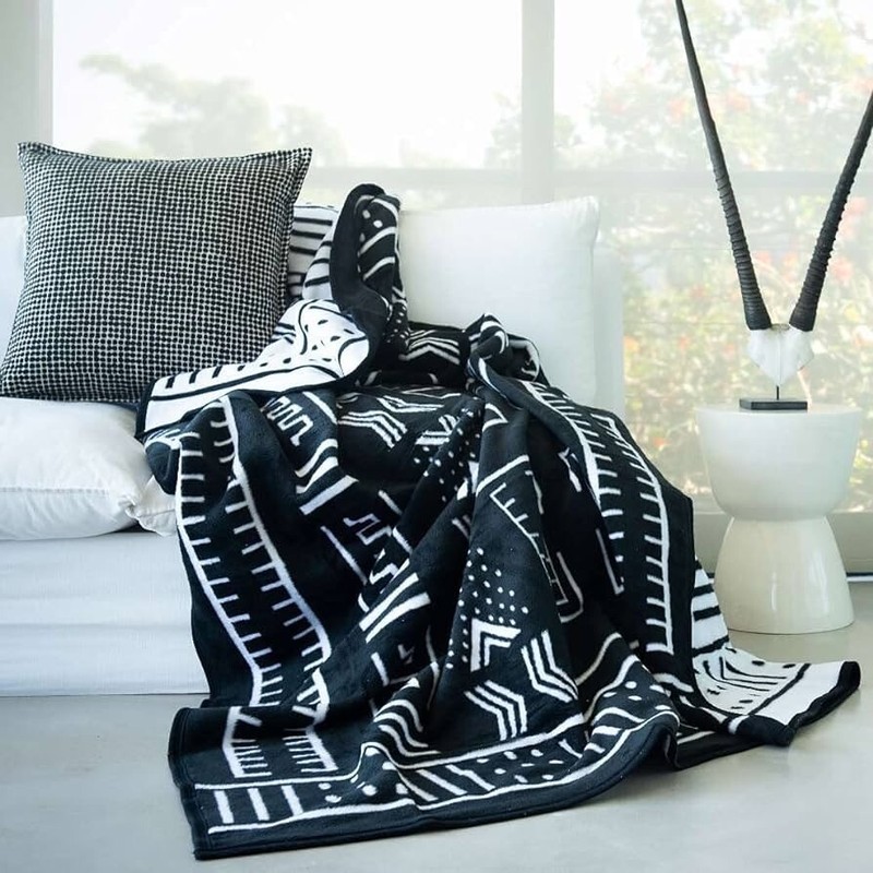 Aranda African Mud Cloth Blanket Black White Cotton Suede 79”x90” Reversible