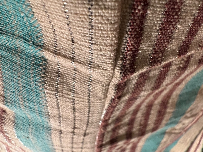 Nigerian Yoruban Aso Oke Cream Cyan Brown Silver Striped Textile 30” W x 71” H gallery