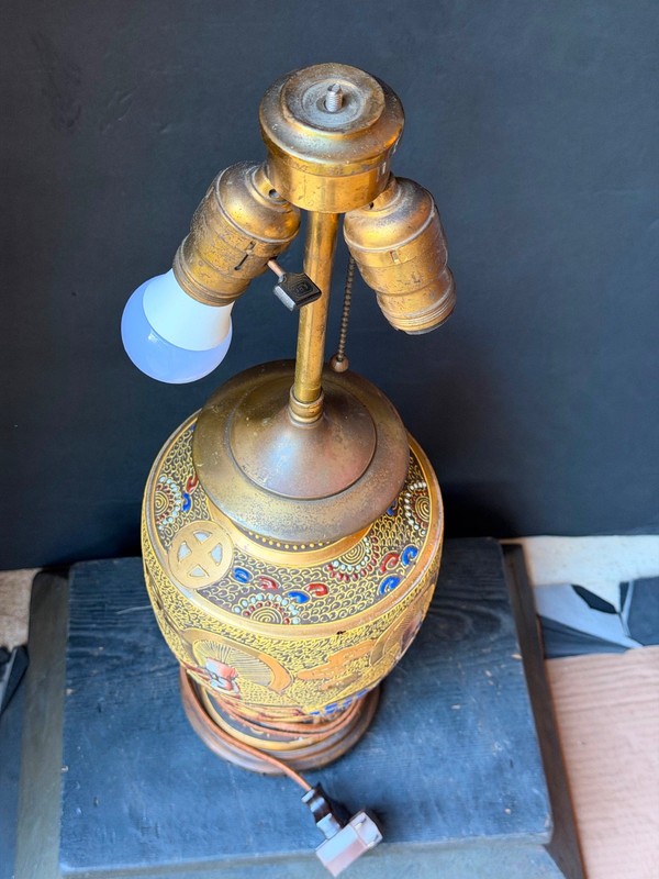 Vintage Japanese Satsuma Vase Lamp Gold Moriage Double Socket Asian Decor 21" gallery
