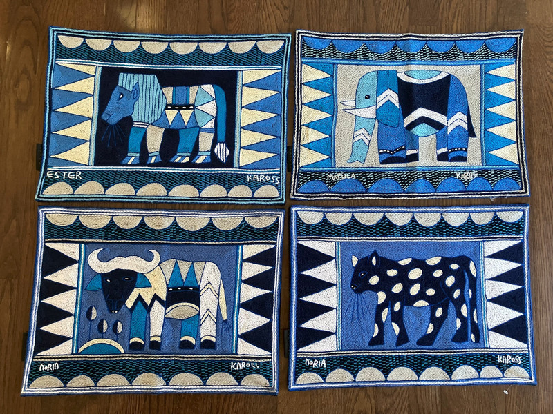 NEW 4 Kaross Safari Animals Embroidered Placemats Tapestry South Africa Art