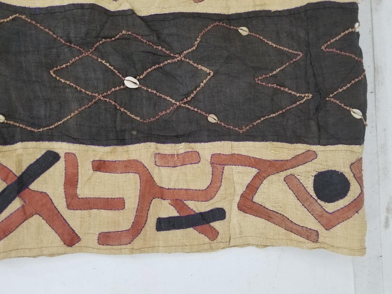 Antique Traditional Handwoven African Kuba Cloth Raffia Textile Runner 173x21 in gallery