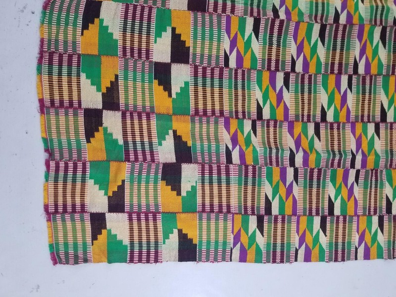 Vintage African Kente Cloth Handwoven Patchwork Ghanaian Textile 64x45in gallery