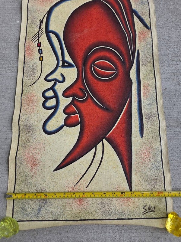 Vintage African Style Sand Art Textile Wall Hanging Signed “Siku” Abstract Faces gallery