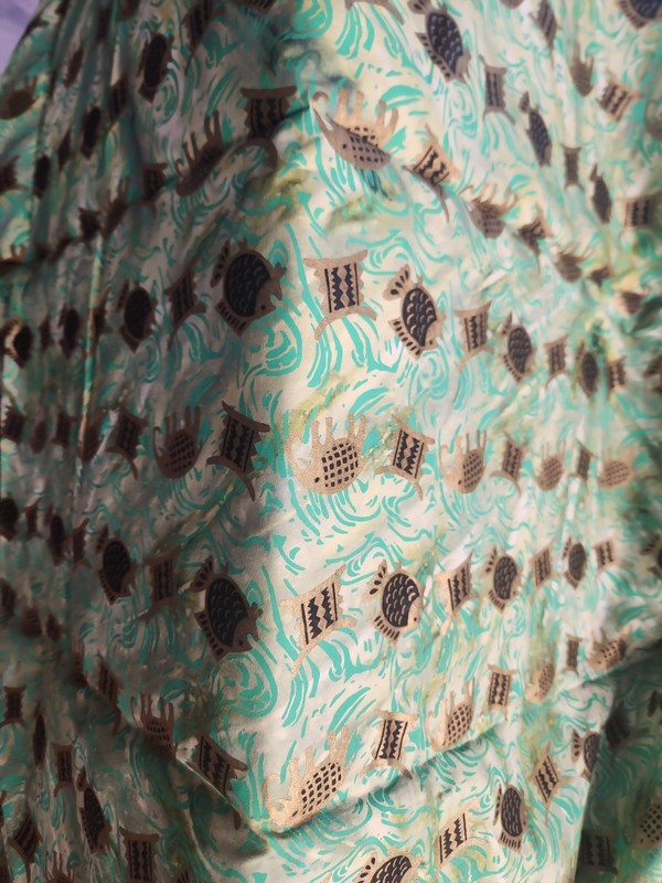 African Batik Fabric Metallic Gold & Black On Green Watercolor Fish Elephants gallery