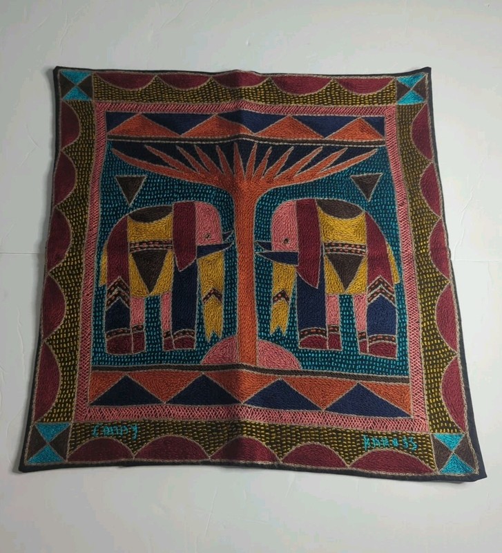 Kaross Hand Embroidered Elephant Pillow Cover South Africa signed Conny