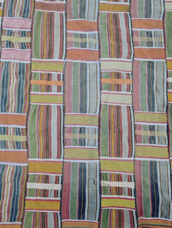 Vintage African Handwoven Patchwork Multicolor Kente Style Textile 96x70in gallery