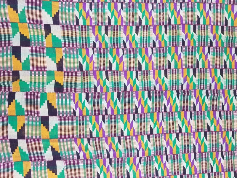 Vintage African Kente Cloth Handwoven Patchwork Ghanaian Textile 64x45in gallery