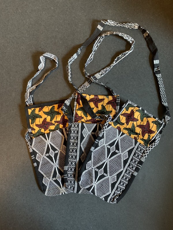 3 Kente Cloth cross over shoulder bags. Hand woven black and white fabric Ghana