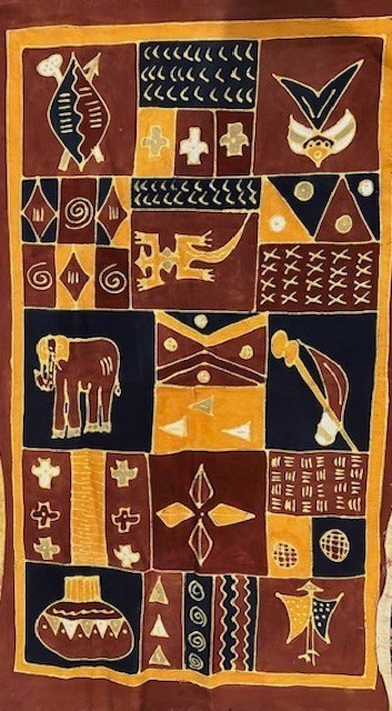VINTAGE HAND PAINTED WEST AFRICAN WALL HANGING/TEXTILE Heavy Cotton FOLK ART