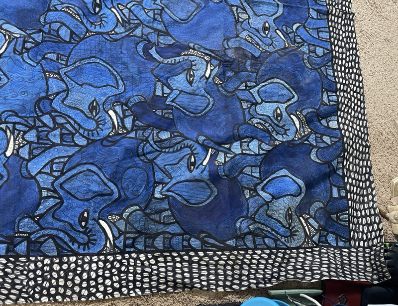 African Nigerian Batik Folk Art Hand Painted Textile Wall Hanging Blue Elephants gallery