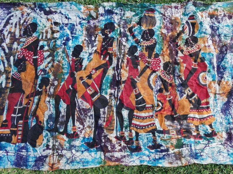 African Batik Fabric Art Painting Tribal Village Hunters Water Jugs 33" x 56" gallery