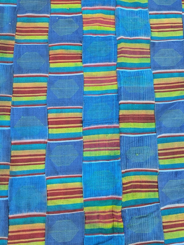 Vintage African Handwoven Patchwork Ghanaian Kente Style Textile 112x57in gallery