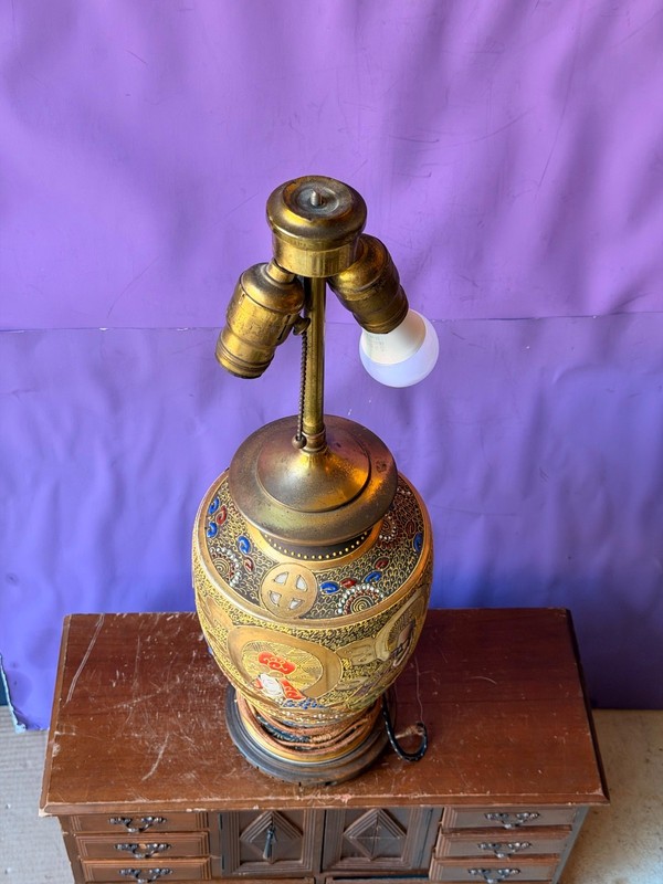 Vintage Japanese Satsuma Vase Lamp Gold Moriage Double Socket Asian Decor 21" gallery