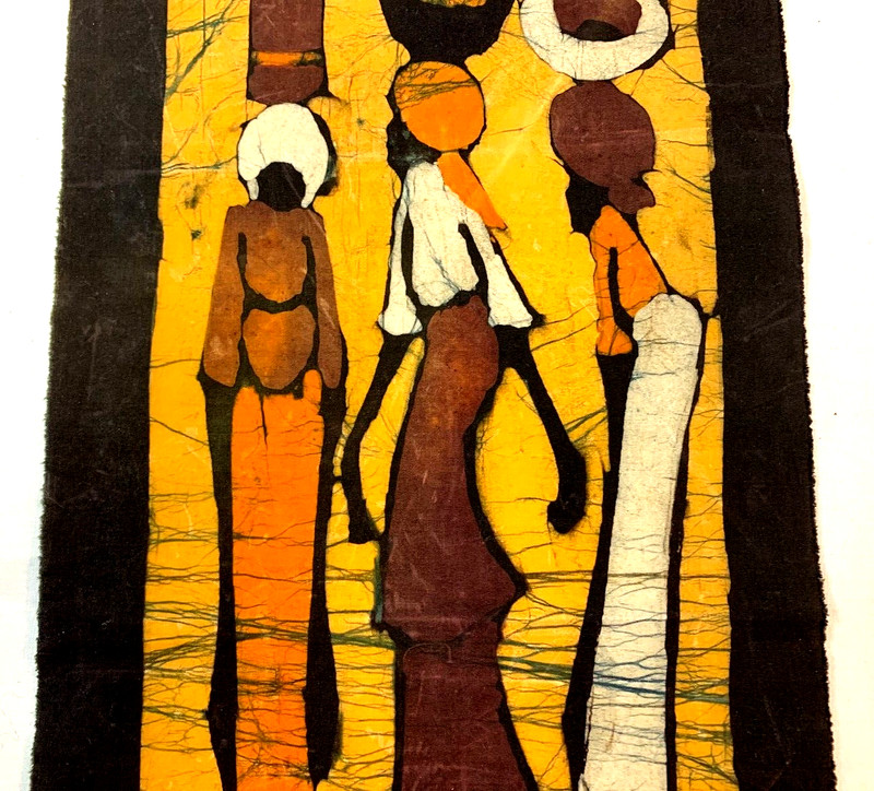 African Style Batik Fabric Cloth Panel ~ Three Women At Work ~ 21.5" x 8.75" gallery