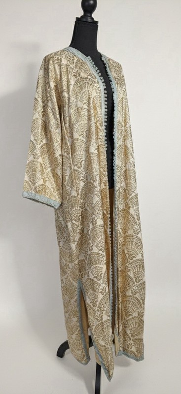 Antique Moroccan Fez Brocade Kaftan - Early 20th C Gold Silk Khrib Takchita Gown gallery