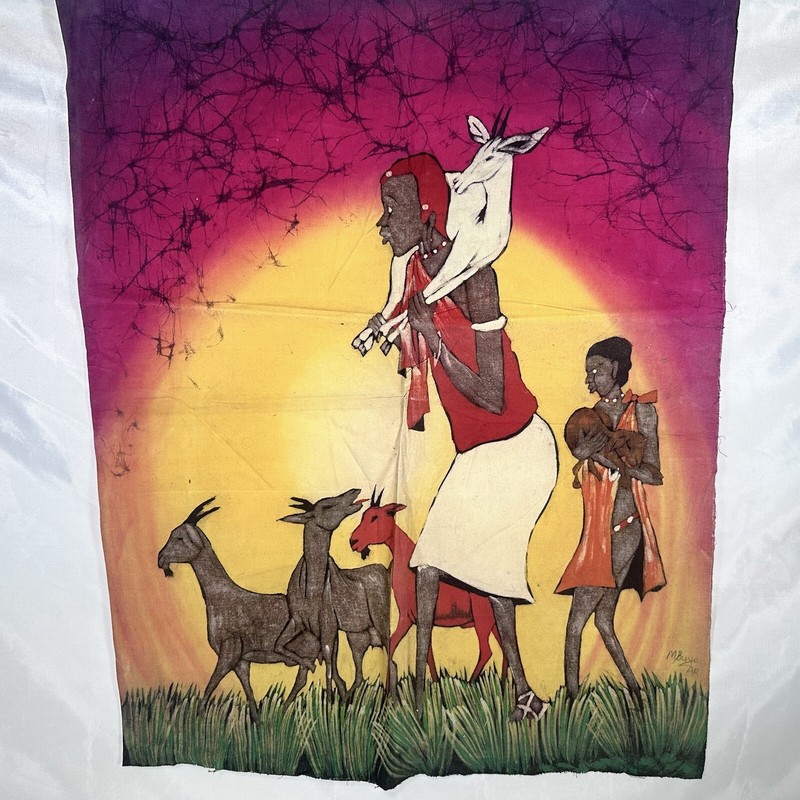 Vintage Batik Cloth Art African ArtFolk Lifestlye Scene Raw Edge Art Awesome