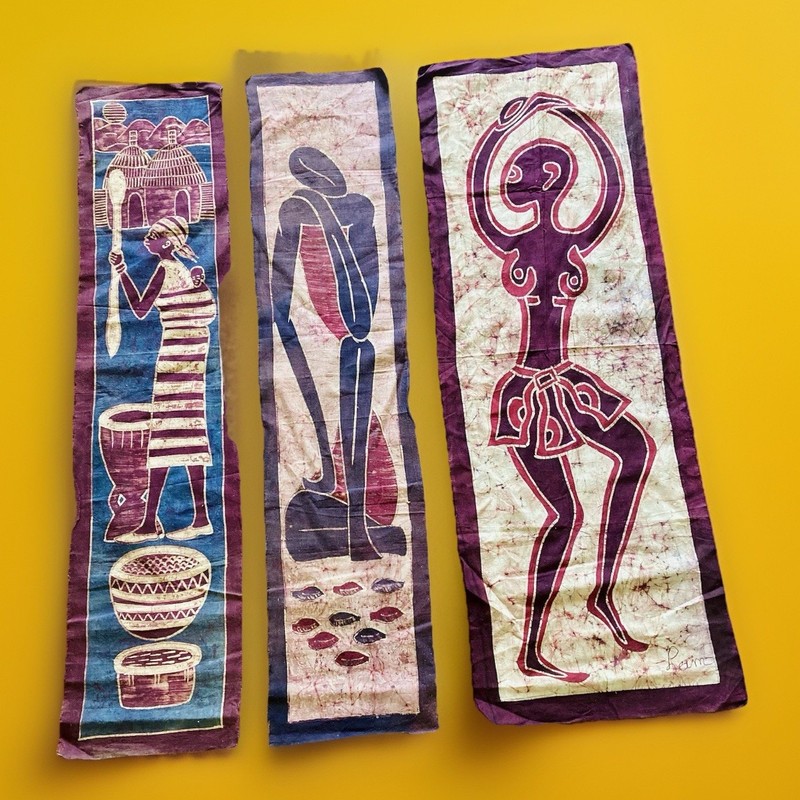 3 Pc Handmade West African Batiks Featuring Local Life 40” x 36”
