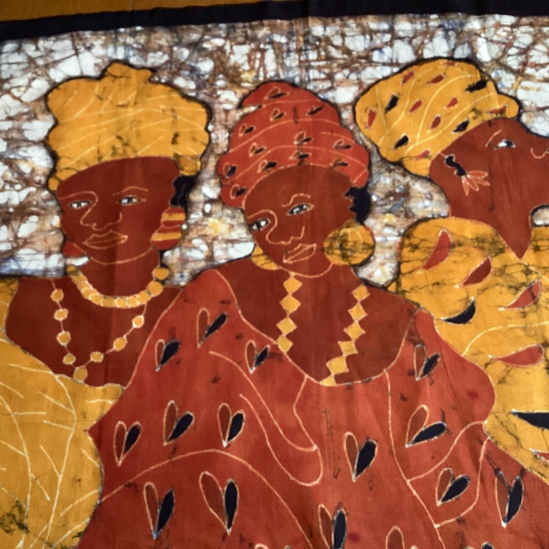 AFRICAN BATIK WALL HANGING 3 WOMEN COLORFUL NATIVE DRESS TEXTILE 32 x30" gallery