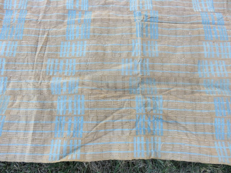 Old "Sanyan" Style "Aso-Oke" Strip-Woven Robe Nigeria Tan & Turq.Textile Yoruba gallery