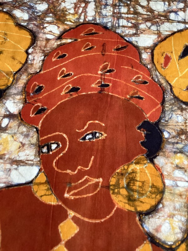 AFRICAN BATIK WALL HANGING 3 WOMEN COLORFUL NATIVE DRESS TEXTILE 32 x30" gallery