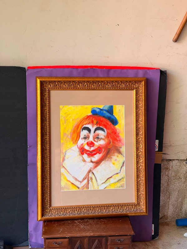 Vintage Framed Clown Painting Signed J. Martel | Mid-Century Folk Art 29x23 gallery